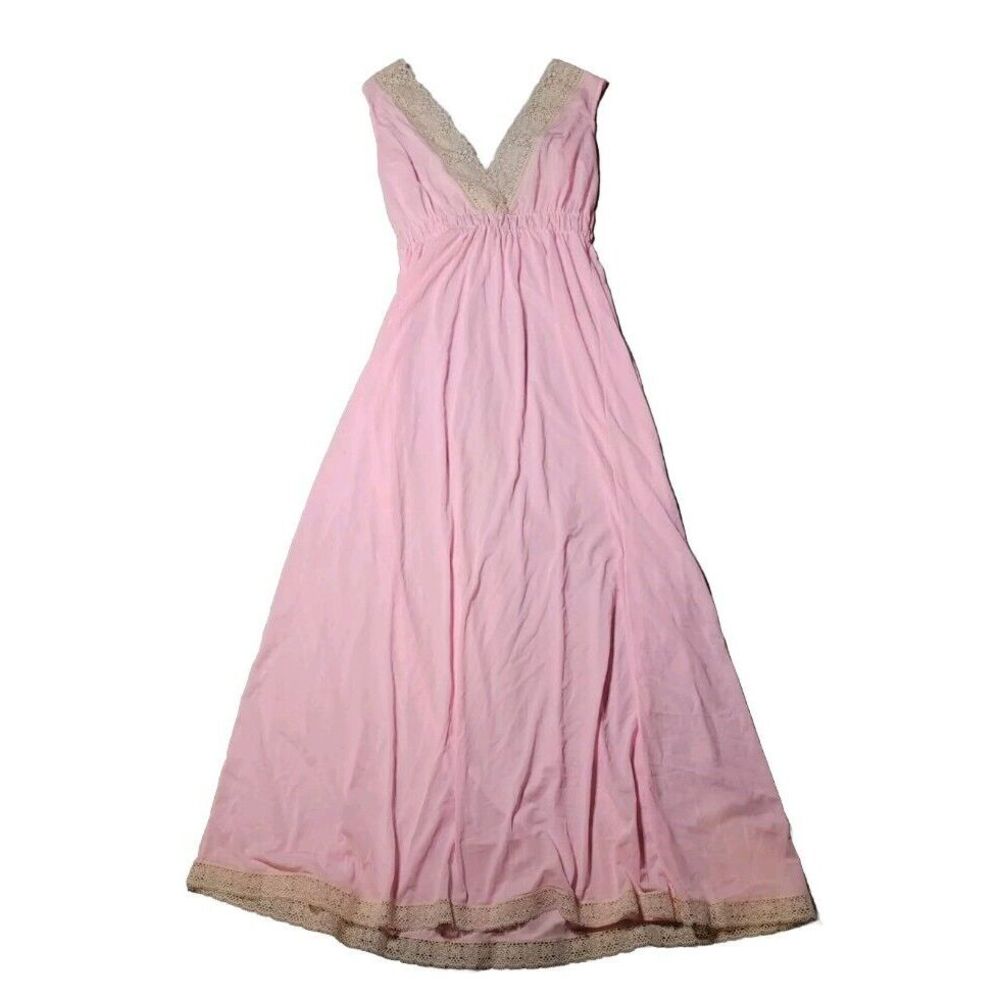 Vintage Aristocrat Pink Long Nightgown Lingerie Large V‎ Neck Gorgeous Lace Trim - Picture 3 of 8